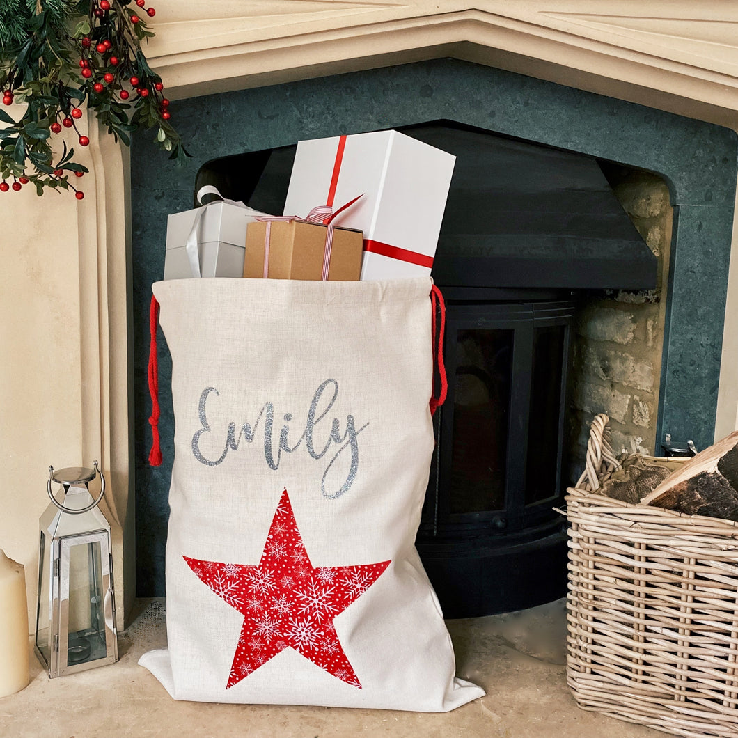 Personalised Star Linen Christmas Sack